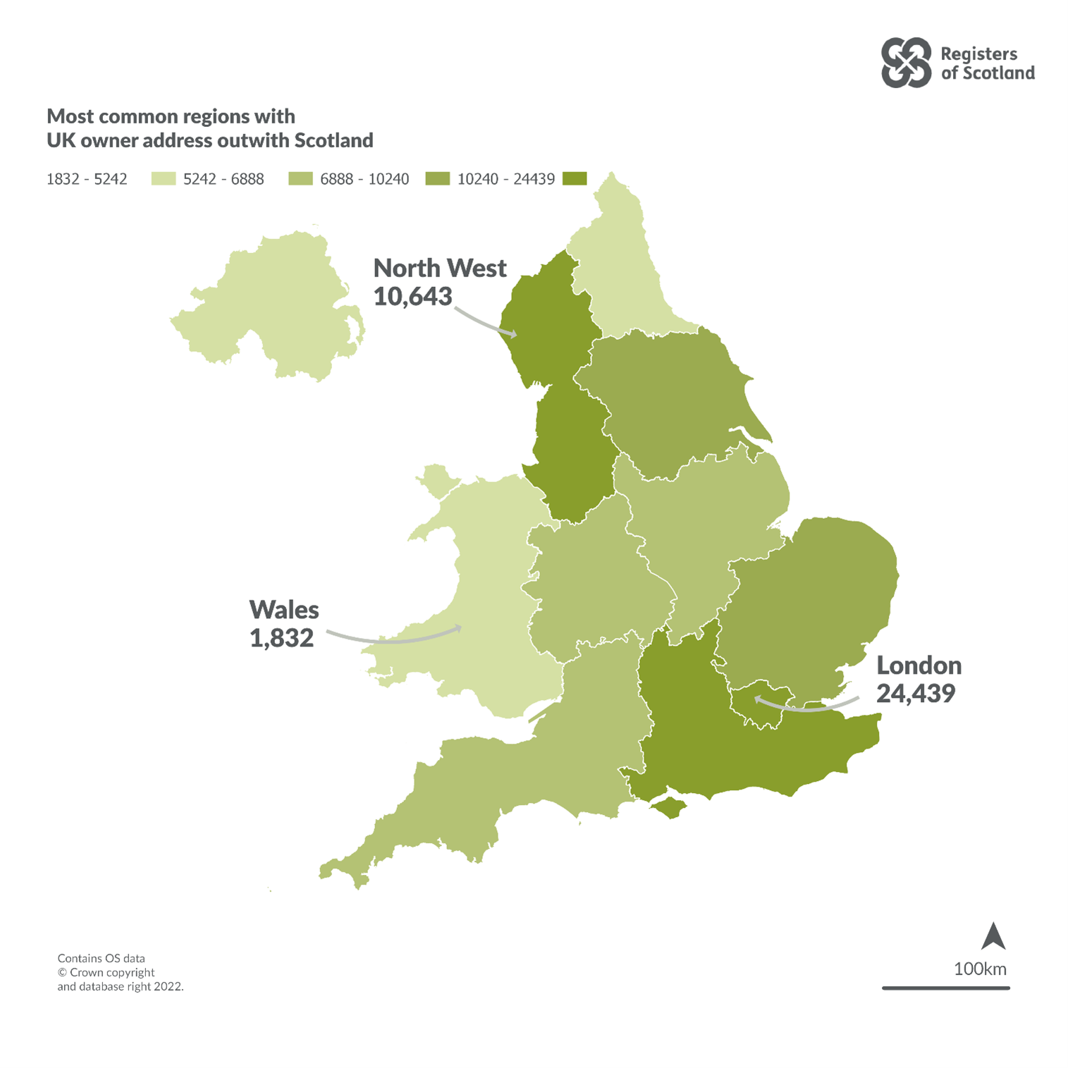 A map of England, Wales and Northern Ireland showing the common regions of UK owner address outwith Scotland