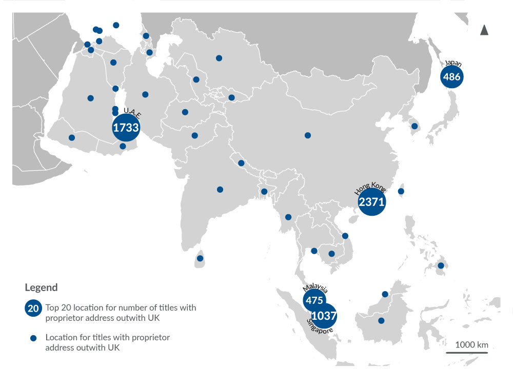 A Map showing titles with owner address outwith UK in Asia