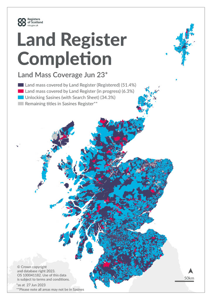 Map of Scotland showing total land mass coverage as of June 2023