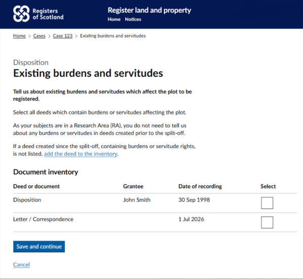 A screenshot showing what the existing burdens and servitudes question will look like.