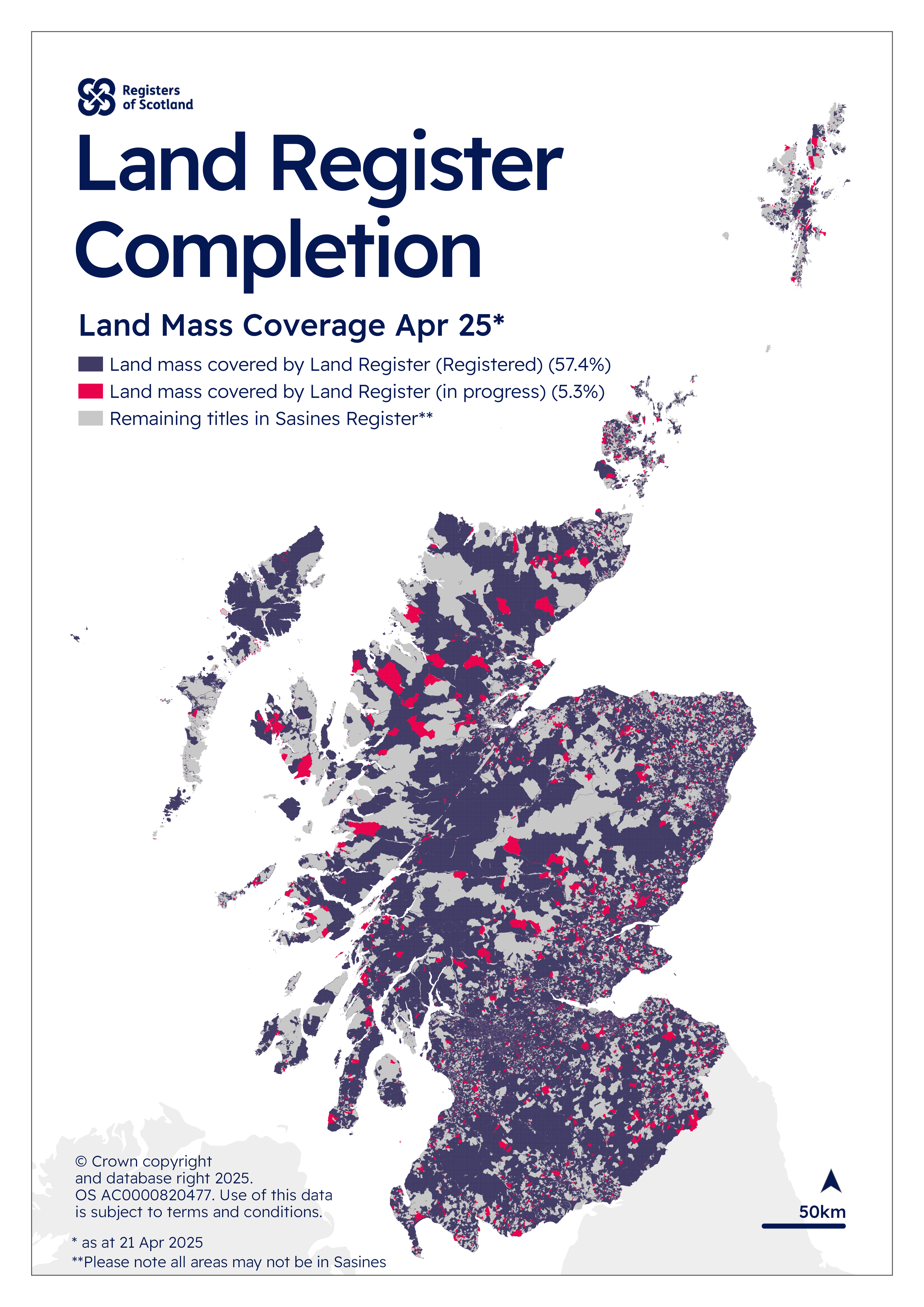 Map showing the land mass of Scotland covered by the land register, land that is in progress and land remaining in the sasines regiter