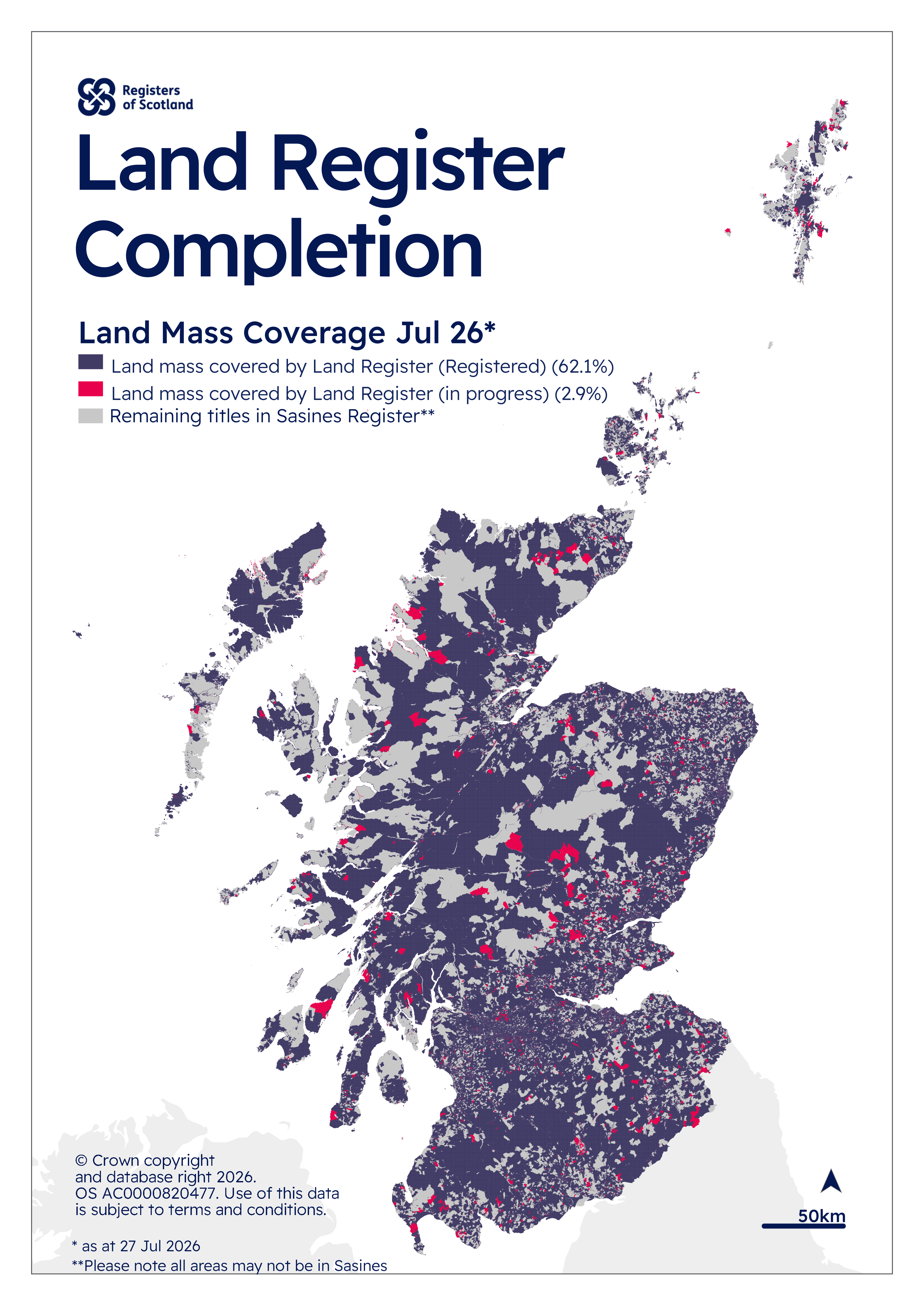 Map showing the land mass of Scotland covered by the land register, land that is in progress and land remaining in the sasines regiter