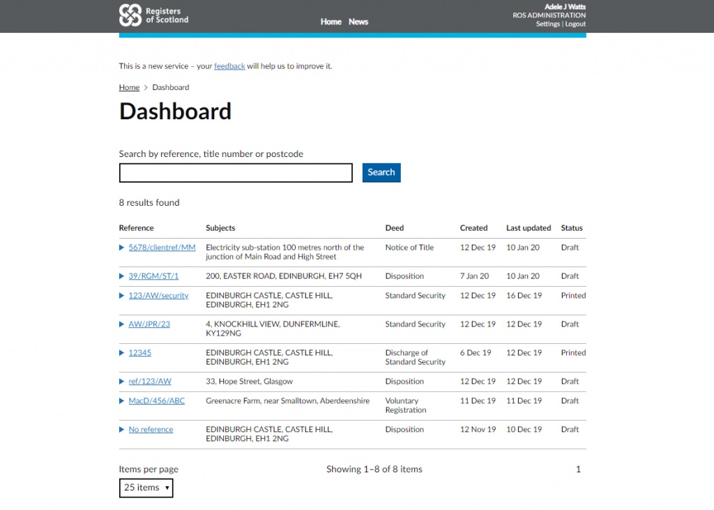 Online service dashboard screenshot