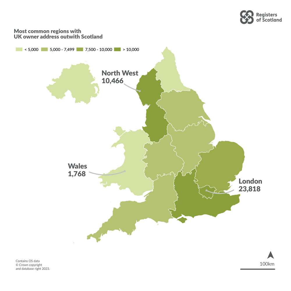 A map showing  the most common regions with UK owner address outwith Scotland as at 31 December 2022