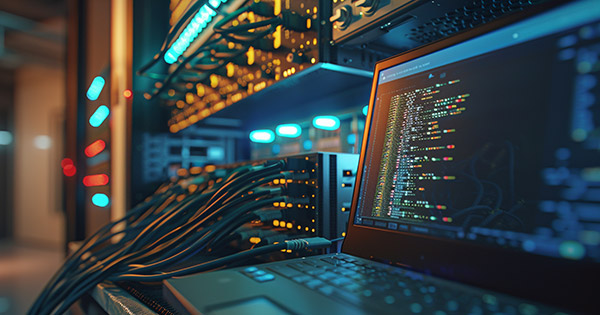 Image of a Laptop, computer room and servers