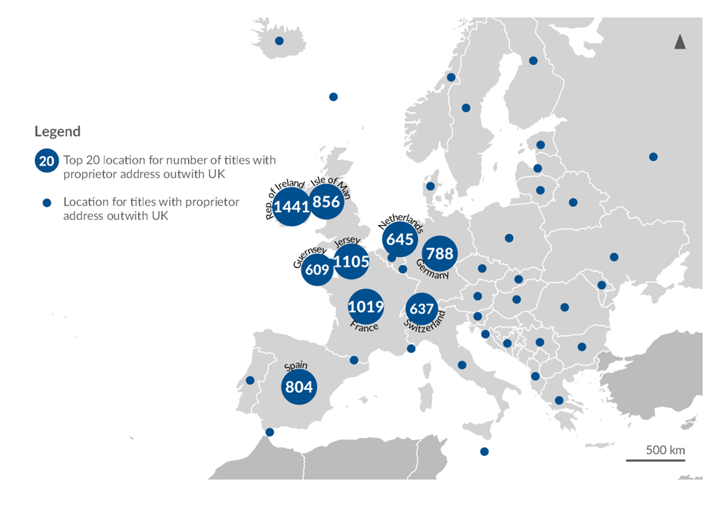 A map of Europe that shows the top 9 countries in where owner addresses outwith UK titles