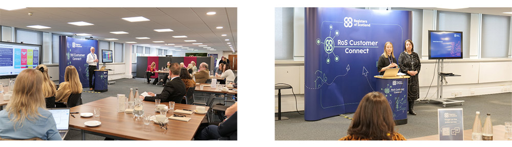 Customer Connect event at Meadowbank House. A side-by-side collage shows a professional meeting and presentation in a modern conference room. In the left image, attendees are seated at tables with refreshments while a speaker presents at the front of the room using large display screens. In the right image, two presenters stand at a lectern in front of a blue “RoS Customer Connect” branded backdrop, addressing the audience. The room is brightly lit with presentation equipment, seating, and event branding visible throughout.