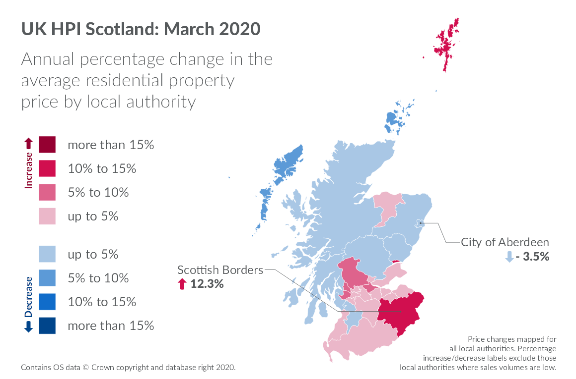 Annual percentage change in the average residential property price by local authority shown on map