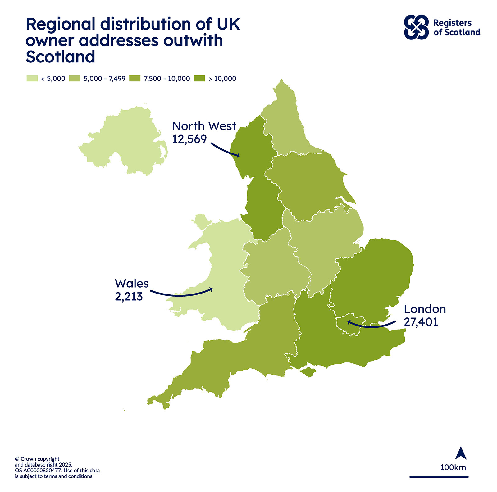 A map showing the most common regions with UK owner address outwith Scotland