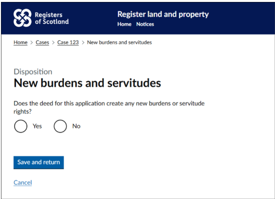 A screenshot showing what the new burdens and servitudes question will look like.