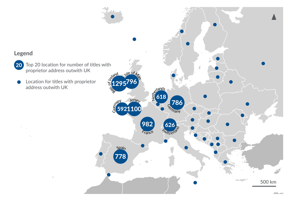 A Map showing titles with owner address outwith UK in Europe