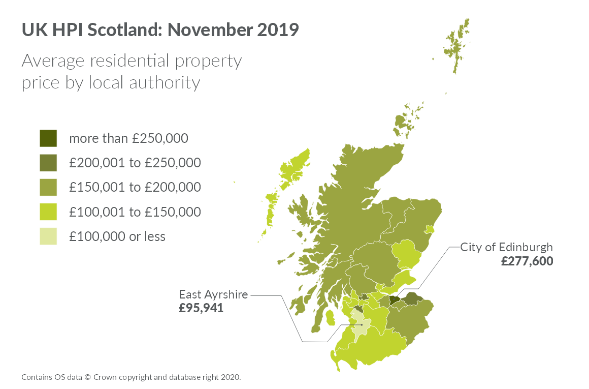 Map showing average residential property price by local authority for November 2019