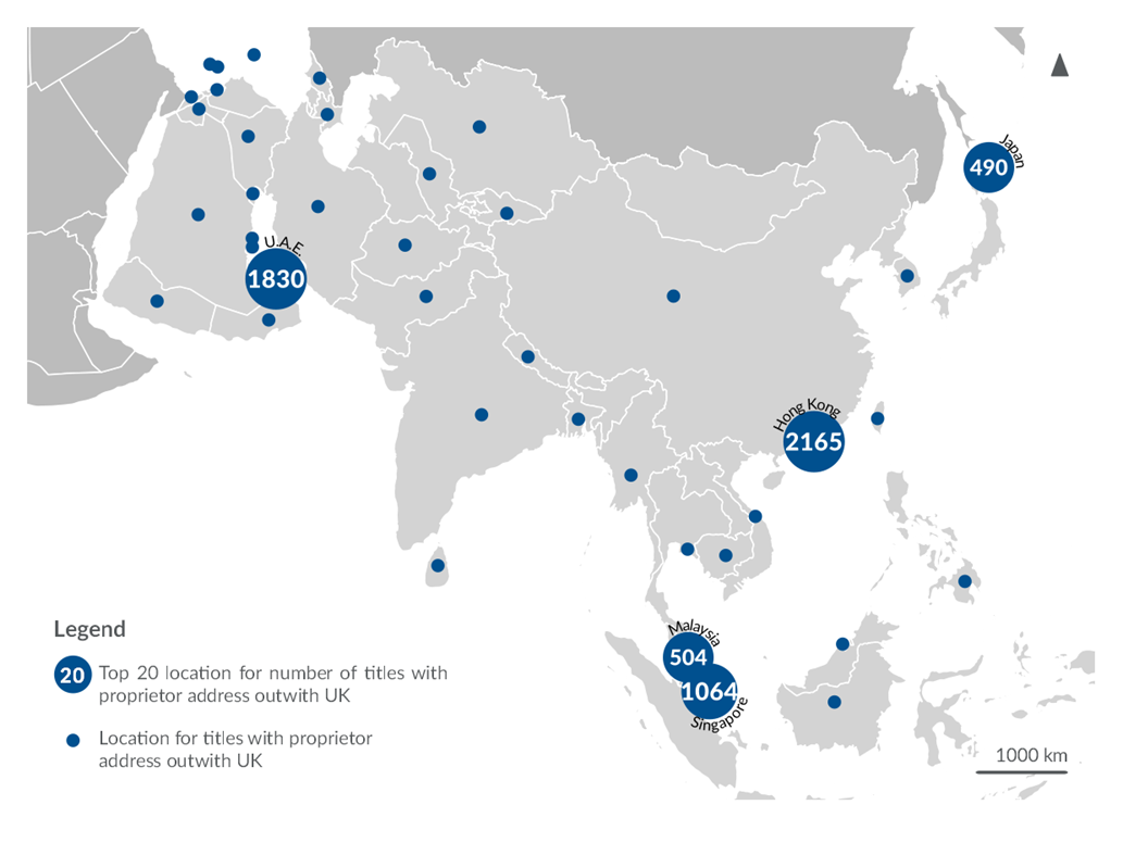 A map of Asia that shows the top 5 locations where owner addresses outwith the UK